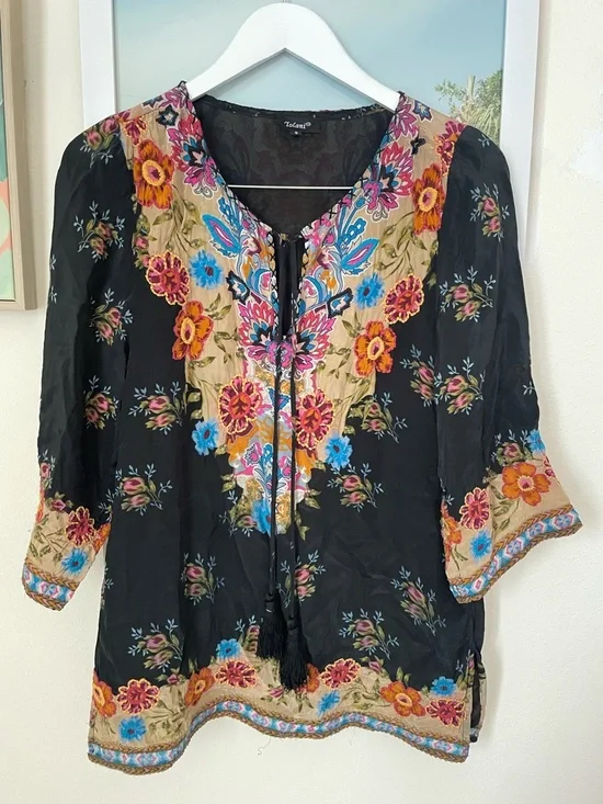 Sundance Tolani Vegan Silk Cupro Floral Embroidered Boho Blouse Top Small - Picture 3 of 10